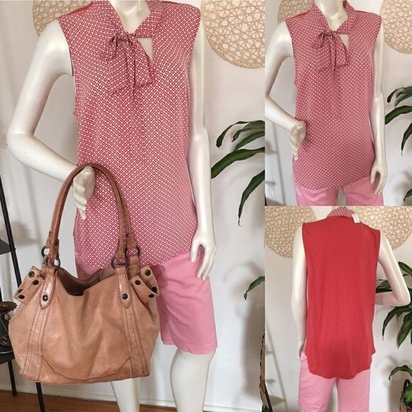 Ann Taylor 2 Tone tee shirt chiffon neck tie tank - Picture 1 of 4